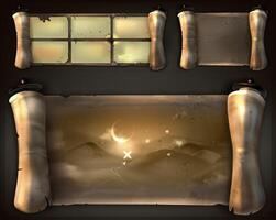 Set of Ancients Desert Treasure Map of parchment paper on the dark background. The scrolls is old and worn. The paper is brown and has a slightly rough texture. Ancient Scroll UI Set vector