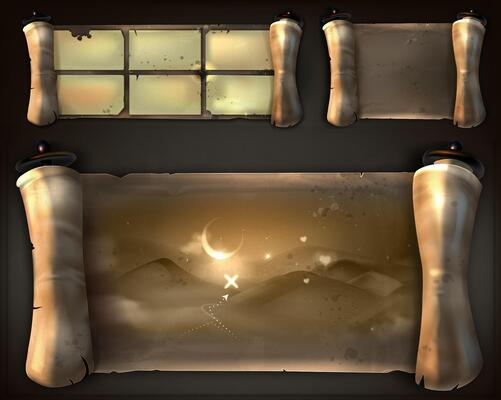 Set of Ancients Desert Treasure Map of parchment paper on the dark background. The scrolls is old and worn. The paper is brown and has a slightly rough texture. Ancient Scroll UI Set
