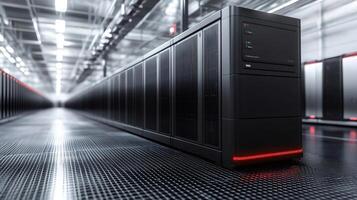 Modern server racks storing big data in a data center with red lights photo