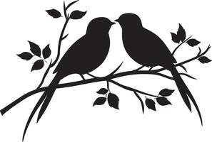 Black illustration of two birds on a branch for a love Valentine's concept silhouette vector