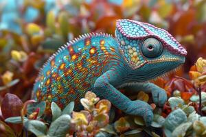 Colorful chameleon blending in with foliage in a close up view photo