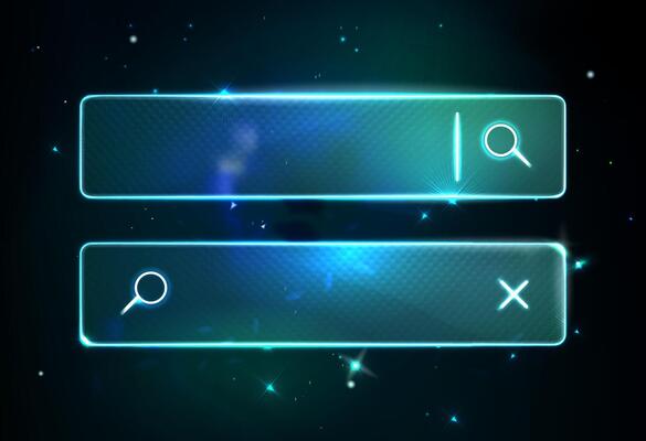 Futuristic Blur Neon Glass Search Bars. Glassmorphism screen smartphone. Transparent matt glass plates on the Cosmic Green Nebula. Abstract blue futuristic background with black hole and stars