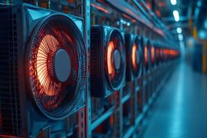 Close up of cooling fans working on mining hardware in a server room photo