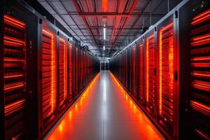 Server Room with Red Lights illuminating Corridor in Data Center photo