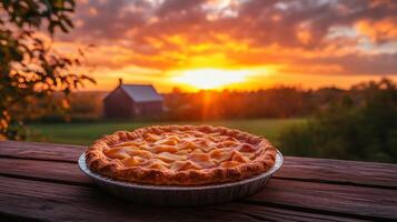 Peach pie sitting on wooden porch railing during sunset over farm photo
