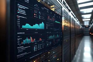 Server racks showing graphs and statistics on screen in data center photo