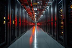 Server Room Corridor with Red Lights Flashing on Network Hardware photo