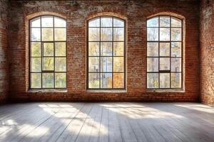 Sunlight illuminating empty room with large windows and brick walls photo