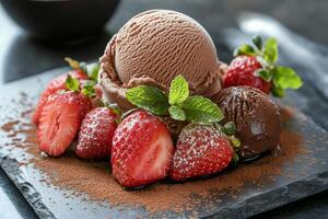 Chocolate ice cream scoops with fresh strawberries and mint leaves lying on slate plate photo