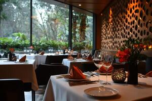 Elegant restaurant tables setting up near window with garden view photo