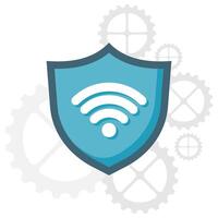 shield and internet signal symbol with gear background, internet network security vector
