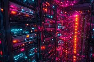 Server racks with colorful cables and lights illuminating data center photo