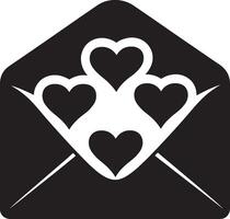 Black illustration of an envelope with hearts in a clean, simple silhouette vector