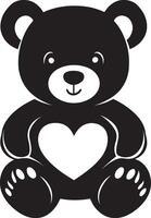 Black illustration of a teddy bear with a heart in a clean, simple silhouette vector