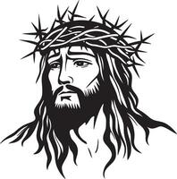 Black illustration of Jesus wearing a crown of thorns in a clean, simple icon outline vector