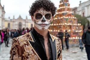 Man in ornate jacket with sugar skull makeup photo