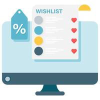 wishlist on a computer, digital marketplace and online store vector