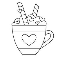 Cocoa cup decorated with hearts simple coloring page. Cocoa cup outline isolated on a transparent background. Ready to print for kids. illustration. vector