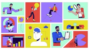 Data analytics people animated bento grid layout. Graph charts analysis. Multicultural adults statisticians analysts 2D animation flat cartoon ui collage design. 4K motion graphic collection video