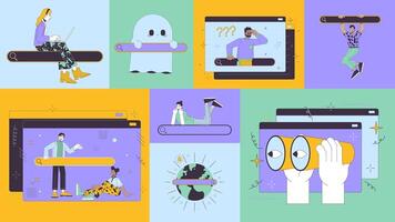 World wide web search animated bento grid layout. Surfing online. Website seo. Multinational people browsing internet 2D animation flat cartoon ui collage design. 4K motion graphic collection video
