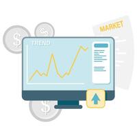 computer monitor showing line chart, business and financial analysis vector