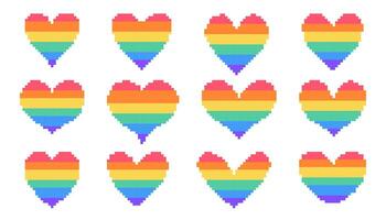 LGBT pixel heart set different shapes. Multicolored 8 bit hearts on white background for poster pattern, print, design, elements. Flat icon collection vector
