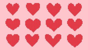 Pixel heart set different shapes. Red 8 bit hearts on pink background for poster pattern, print, design, elements. Flat icon collection vector