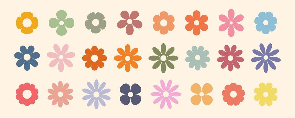 Groovy simple flowers set. Collection of abstract flowers in minimalistic style. Geometric flower set. Abstract minimal daisy elements. Brutalist design.