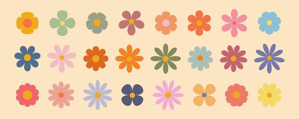 Groovy simple flowers set. Collection of abstract flowers in minimalistic style. Geometric flower set. Abstract minimal daisy elements. Brutalist design.