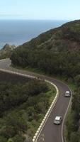 Aerial view of a sharp turn on a mountain road among green forest trees. Cars driving along a beautiful mountain road on the island of Tenerife in the Spanish Canaries, vertical footage video
