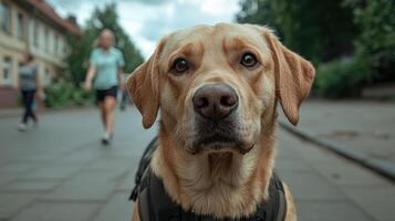 Close up of a golden labrador retriever dog wearing a harness in an urban setting photo