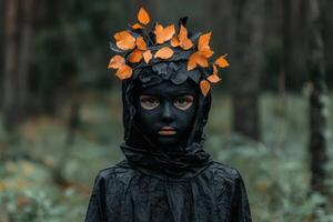 Mysterious person in black with autumn leaves photo