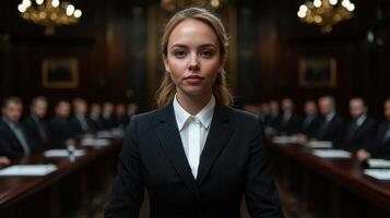 Confident woman in a suit standing before a board of directors photo
