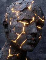 Stone statue with glowing cracks, representing inner strength and resilience photo