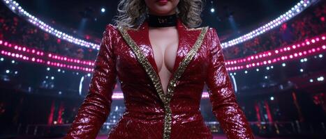 Woman in red jacket with gold trim in a performance setting photo