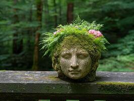 Stone head planter with moss, ferns, and pink flowers in a forest setting photo