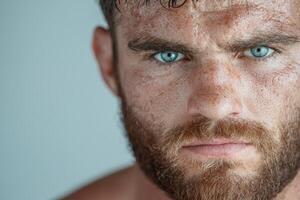 Close up of a mans face with intense blue eyes and a determined expression photo
