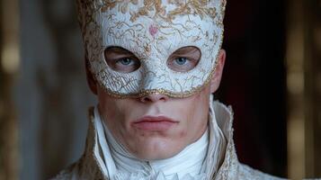 Man in a decorative mask staring intensely at the camera photo