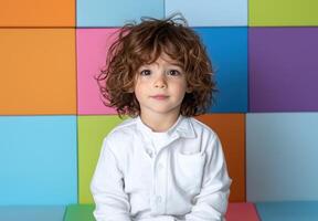 Adorable curly haired child in a white shirt posing in front of a colorful background photo