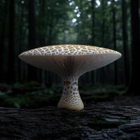 A large mushroom growing on a log in a forest photo