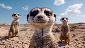 Meerkat family standing on guard in the desert photo