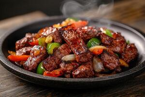 Delicious and savory beef stir fry with colorful bell peppers and onions photo