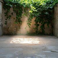 Sunlight streams into an abandoned building covered in vines photo
