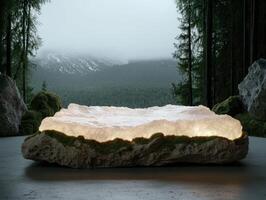 Illuminated stone platform in a forest setting with mountains in the background photo