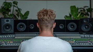 Man working on audio mixing console in recording studio photo