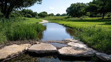 Scenic view of a creek flowing through a lush green landscape photo
