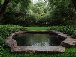 A tranquil pond surrounded by lush greenery in a peaceful garden photo