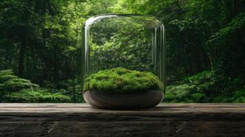 Moss terrarium on a wooden table in a forest photo