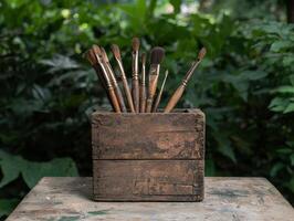 A collection of paintbrushes in a rustic wooden box photo