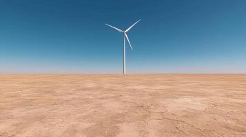 Wind turbine in a dry landscape under a clear blue sky photo